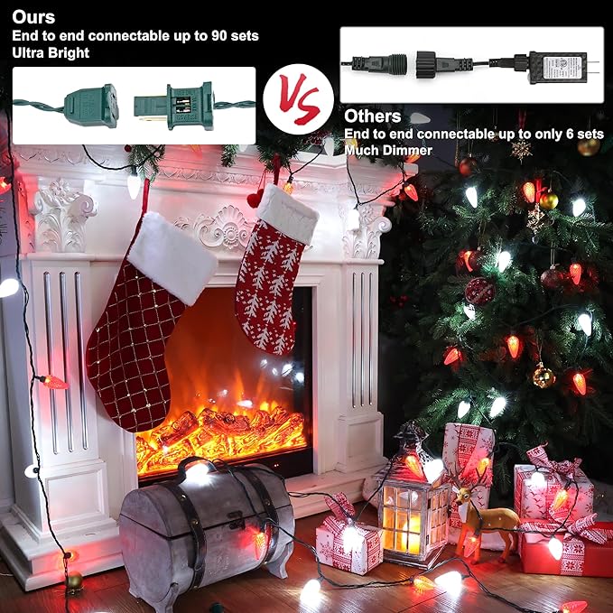 Brizled Red & White Christmas Lights, 33ft 50 LED Faceted C9 String Lights Outdoor, Linkable Christmas Tree Light, UL Certified Indoor Xmas Light Waterproof for House Roof Xmas Valentine's Day Party