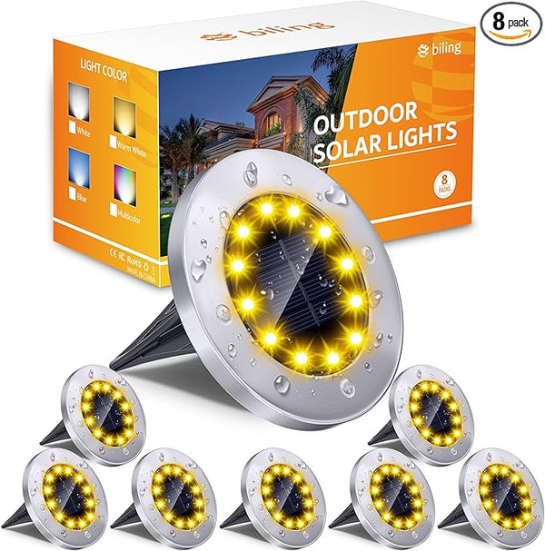 Biling Solar Ground Lights Outdoor 8 Packs, Flat Bright 12 LEDs Solar Lights Outdoor Waterproof for Yard Walkway | Lumora