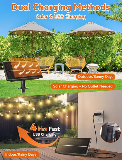 Brightever Solar String Lights for Outside, 50FT Patio Lights Outdoor Waterproof Solar Powered, 3 Lighting Modes Dimmable, 15+1 Shatterproof S14 Edison Bulbs, Solar Outdoor String Lights for Deck