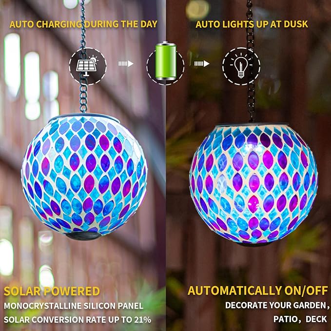 VCUTEKA Hanging Solar Lanterns Mosaic Solar Lights with Hook Up, Outdoor Garden Lights Decor for Yard Tree Fence | Lumora