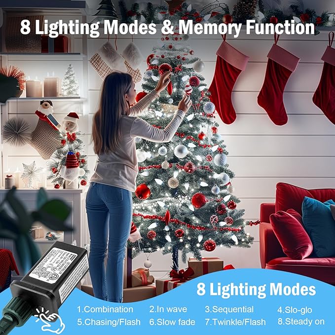 Minetom 147 FT 200 LED C9 LED Christmas Lights Outdoor - Plug in Fairy Lights with Timer & 8 Modes, Waterproof Commercial Grade Extendable for Indoor Outdoor Roofline Patio Yard Xmas Decoration, White