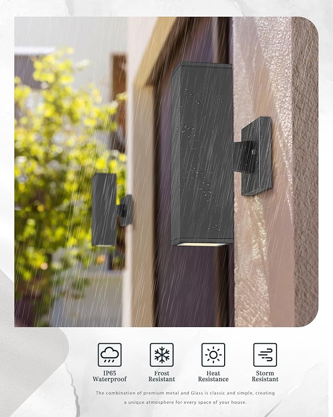 Ken & Ricky Outdoor Wall Light Fixture,Exterior Lighting Fixtures,Modern Sconce Lights for Porch Patio Garage Front Door (Black,Square,No Sensor,2PK)