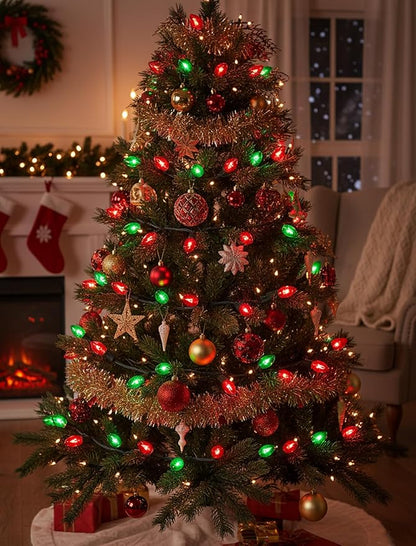 C7 Red Green Christmas Lights Outdoor, 25Ft Vintage Christmas String Lights with 27 Clear Red Green Ceramic Bulbs, Waterproof Connectable Christmas Decorations for House, Xmas Tree, Garden, Yard