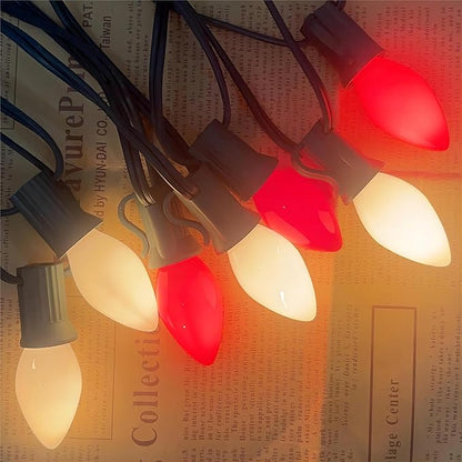 25Ft Red and White Christmas Lights,C7 Christmas String Lights with 27 Red White Ceramic Bulbs(2 Spare), Vintage Incandescent Xmas Lights for Outdoor Holiday Xmas Roofline Wedding Party