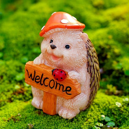 Garden Hedgehog Welcome Sign Statue with Mushroom Hat, Solar LED Ladybug Light, Outdoor Decorative Figurine 4.6in, Housewarming Gift for Patio,Yard,Lawn Ornament