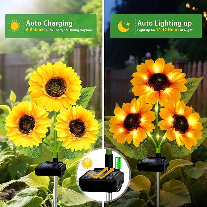 Solar Garden Lights Outdoor, 3 Pack Sunflower Lights with 9 Large Sunflower, Waterproof Garden Decor, Birthday Gifts for Mom Grandma, Decorative Solar Flowers for Pathway Patio Yard Fall Decorations