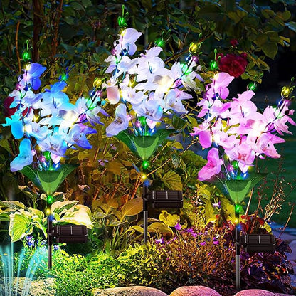 Solar Garden Lights Outdoor Decor, 3 Pack Newest Version Phalaenopsis Orchid Flower Solar Lights for Outside, 240 LED Colorful Waterproof Solar Lights Outdoor for Yard Patio Decor, Gift for Mom
