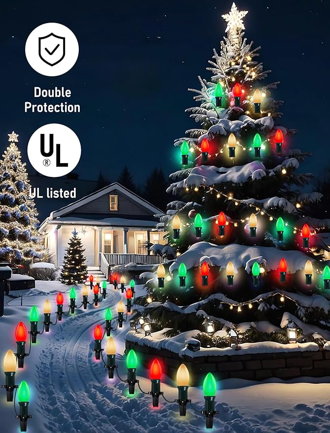 50Ft C9 LED Christmas Lights Outdoor, Vintage Christmas String Light Plug in with 52 Shatterproof C9 Red White | Lumora