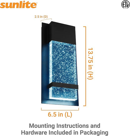 Sunlite LED Wall Sconce, Black Metal Frame with Raindrop Effect Glass Panel, 6.5" Wide, 5000K Super White, Indoor & Outdoor, ADA Compliant