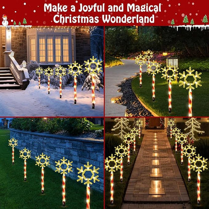 Lewondr Solar Christmas Pathway Lights, 5 PCS Solar Christmas Decorations Outdoor with 2 Lighting Modes, Clear Snowflake Lights with Red Pole and Garden Stake, Waterproof Yard Lawn Patio Holiday Decor