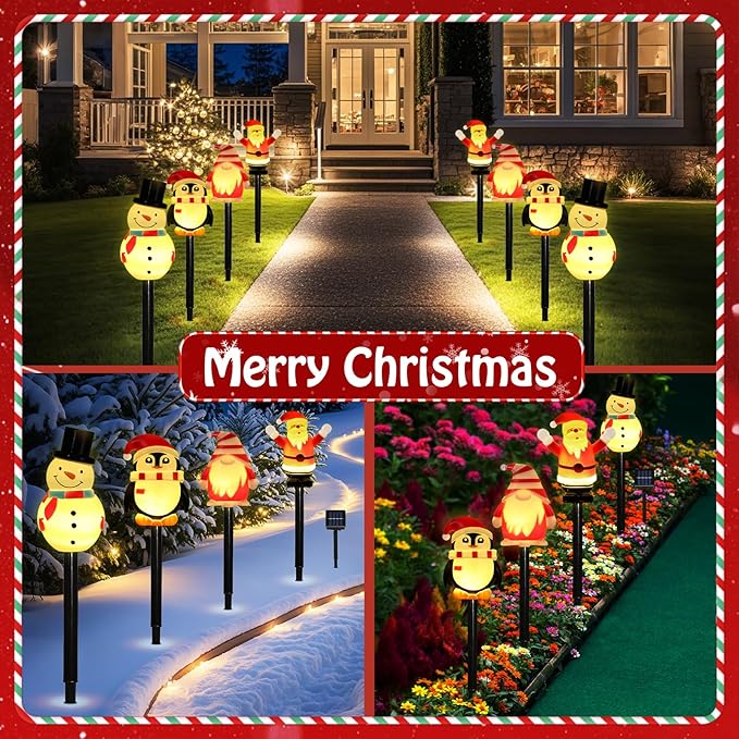Lewondr 4 Pack Christmas Decorations Outside,Solar Lighted Santa Claus,Snowman,Gnome,Penguin with Garden Stakes,Waterproof Garden Lawn Pathway with 8 Lighting Modes,Yard Decor for Xmas Party,Holiday