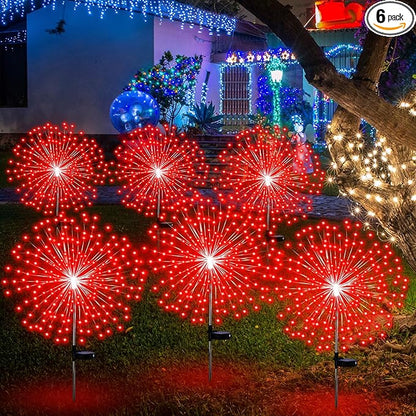 6 Pcs Christmas Solar Firework Stake Lights 180 LED 8 Modes Solar Waterproof LED Sparkler Lights Outdoor Decoration for 4th of July, Xmas Holiday Garden Patio Yard Pathway Walkway, Red