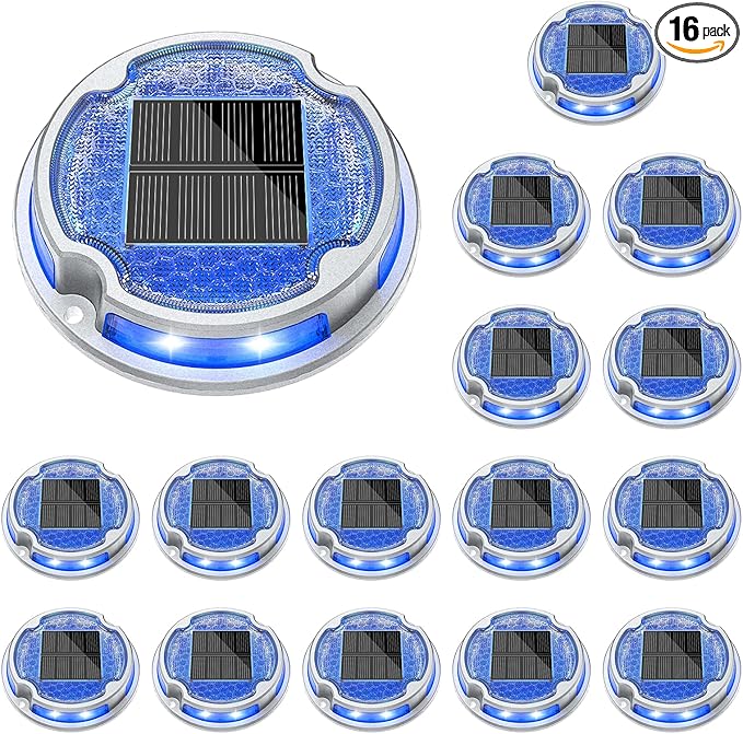 VOLISUN Solar Driveway Deck Lights Dock Marine Lights,12 Pack Solar Ground Light 2 Colors in 1 led Waterproof,Driveway Marker Light for Pathway Warning Step (White/Blue),Auto On/Off
