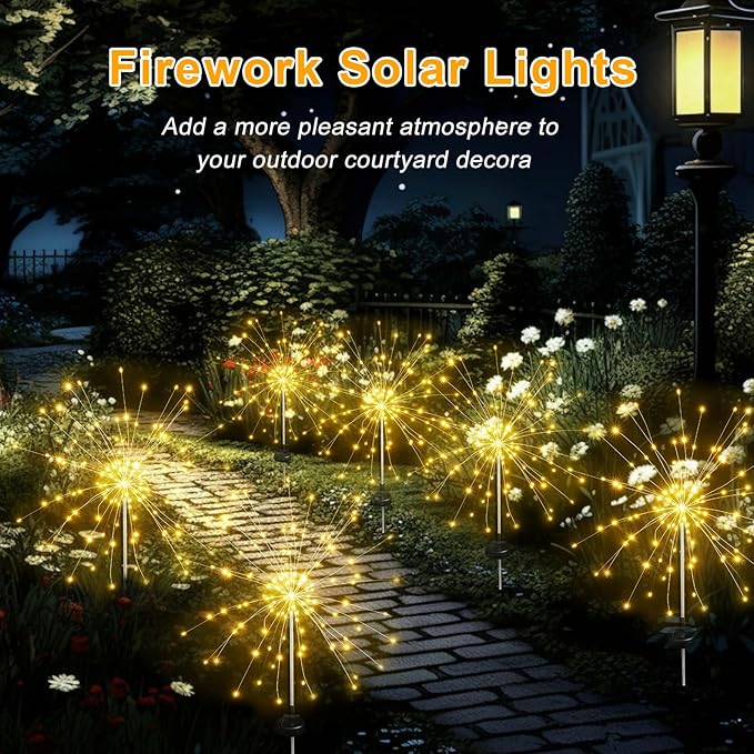 Solar Garden Firework Lights Outdoor Waterproof, 4 Pack Solar Lighting with 8 Lighting Modes, 120 LED Sparklers String Lights for Outside Decor Yard Pathway Decorations(Warm)