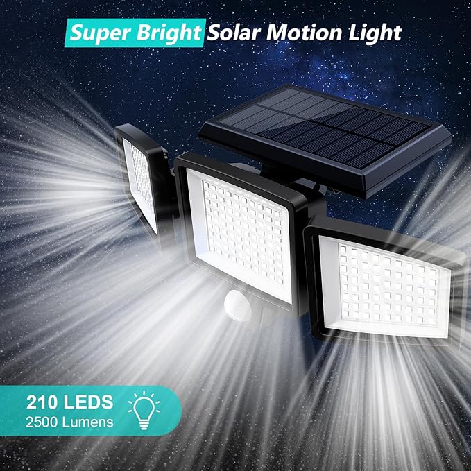 Tuffenough Solar Outdoor Lights 2500LM 210 LED Security Lights with Remote Control,3 Heads Motion Sensor Lights | Lumora