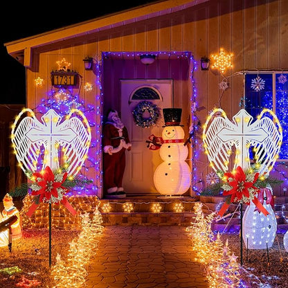 Baquler 2 Pack Christmas Solar Cross Wings Stake Lights 32" Christmas Cemetery Grave Decorations with Poinsettia for Xmas Cemetery Memorial Outdoor Yard Pathway Garden Lawn Decorations