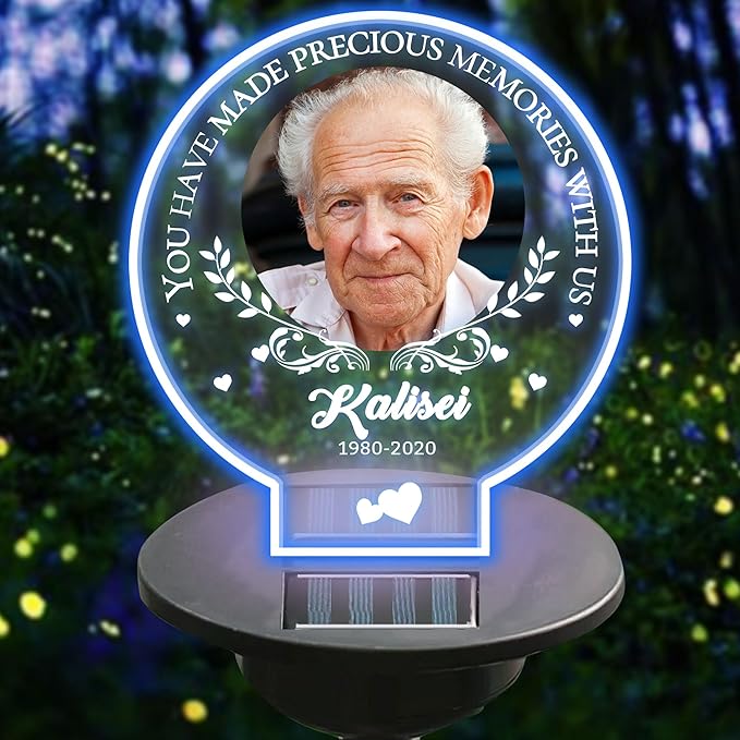 Personalized Memorial Garden Solar Outdoor Lights with Photo Name Custom Grave Decor Solar Lights for Sympathy Gifts for Loss of Loved One in Loving Memory Memorial Gift (A-Round -2)