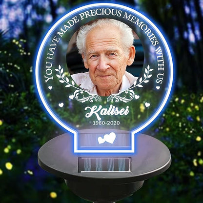 Personalized Memorial Garden Solar Outdoor Lights with Photo Name Custom Grave Decor Solar Lights for Sympathy Gifts for Loss of Loved One in Loving Memory Memorial Gift (A-Round -2)