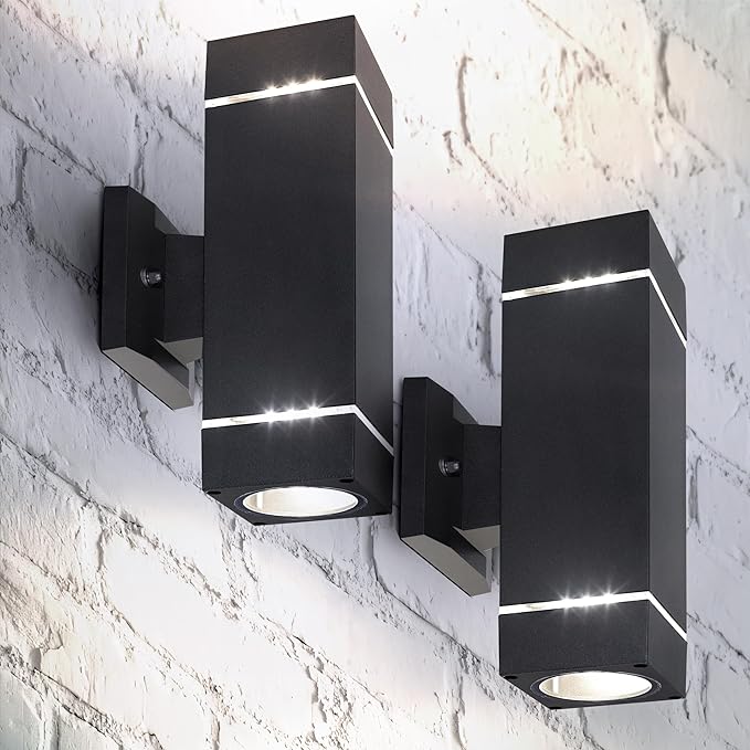 ASD 2 Light Square LED Indoor & Outdoor Wall Light Fixture | 18W 1180LM 3000K-5000K 100-277V Cylinder Up Down Lights | Dimmable Front Door, Porch, Patio Exterior Wall Sconce | Ringed Black, ETL 2 Pack