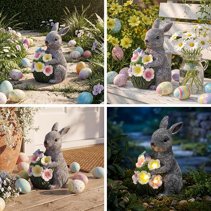 PETAFLOP Solar Garden Rabbit Statue Decor, Easter Bunny Figurine with Flower Lights for Yard, Patio, Pathway, Lawn, Patio, Balcony
