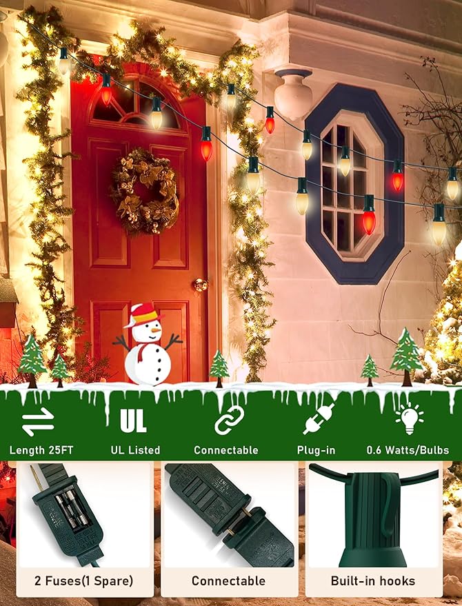 25Ft LED C9 Red and White Christmas Lights Outdoor, C9 Vintage Christmas Lights with 26 LED Red and White Bulbs | Lumora