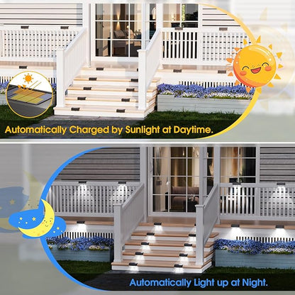 Solar Deck Light, 8 Packs LED Solar Step Lights Outdoor Waterproof, Solar-Powered Fence Lighting 3 Color Modes for Stairs Yard Garden Pathway