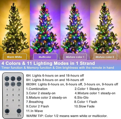 Decute 800Leds 272FT Colors Changing Christmas String Lights 4 Colors in 1 Strand 11 Modes, Waterproof Indoor Outdoor Tree Fairy Lights Warm White & Multicolor with Timer Remote