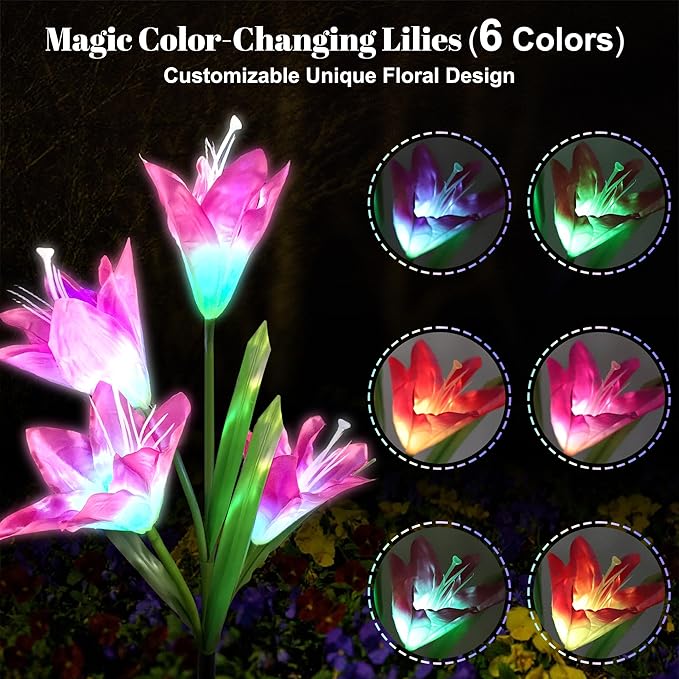 Solar Powered Lily Flower Lights Outdoor, Waterproof Color Changing Garden Lights with Large Solar Panel, 2 Pack for Patio, Yard, Pathway Decoration
