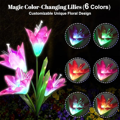 Solar Powered Lily Flower Lights Outdoor, Waterproof Color Changing Garden Lights with Large Solar Panel, 2 Pack for Patio, Yard, Pathway Decoration