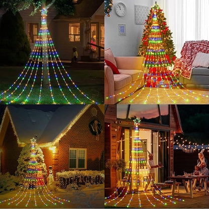 Christmas Decorations Star String Lights - 344 LED Waterfall Tree Lights with 11" Topper Iron Star Christmas Lights Indoor Outdoor Decorative for Wedding Party Home Holiday Decoration, Muitlcolor