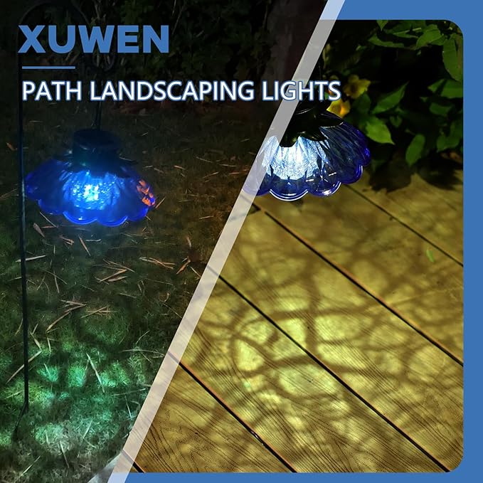 XUWEN Solar Lights Outdoor Waterproof - Blue Solar Flower Lights with Crackle Globe Glass Light, Hanging Lanterns Decorative Outdoor for Yard Walkway Lawn Fence,Christmas Housewarming Gifts for Women.