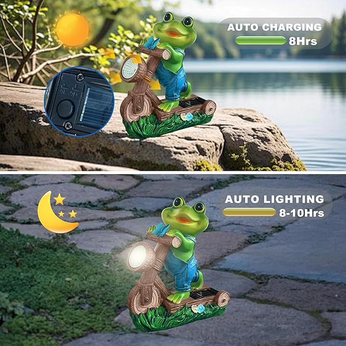 Frog Garden Outdoor Statues Solar Light Decor for Outside-Fall Yard Decorations with Bicycle and LED Lights.Unique Halloween Housewarming Gifts for Women Mom and Grandma.