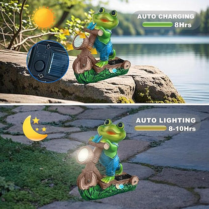 Frog Garden Outdoor Statues Solar Light Decor for Outside-Fall Yard Decorations with Bicycle and LED Lights.Unique Halloween Housewarming Gifts for Women Mom and Grandma.
