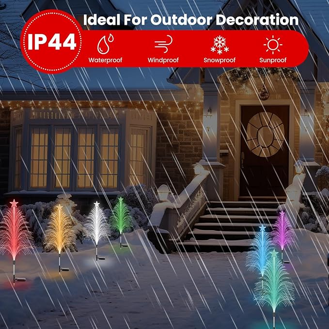 Christmas Pathway Lights Outdoor, 4 Pack Christmas Tree Lights, 7 Color Changing Solar Stake Lights with Topper Star IP44 Waterproof for Garden Lawn Porch Front Door Patio Holiday Decor