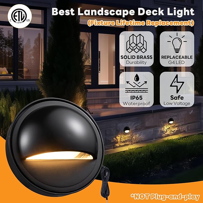 Gardenreet Low Voltage Deck Lights - Outdoor Solid Brass Step Lights, Landscape 12V LED Hardwired Waterproof, Round | Lumora
