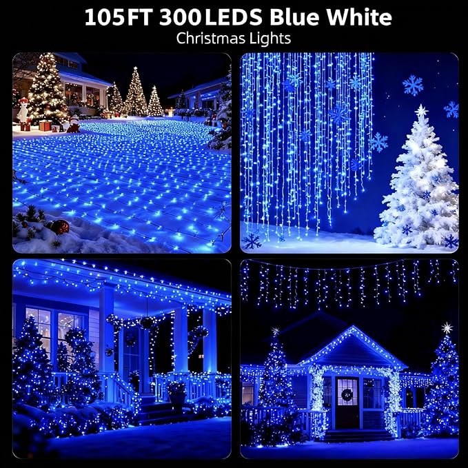 105FT 300 LEDs Blue White Christmas Lights Outdoor Indoor, Waterproof Christmas Tree Lights, 8 Lighting Modes with | Lumora