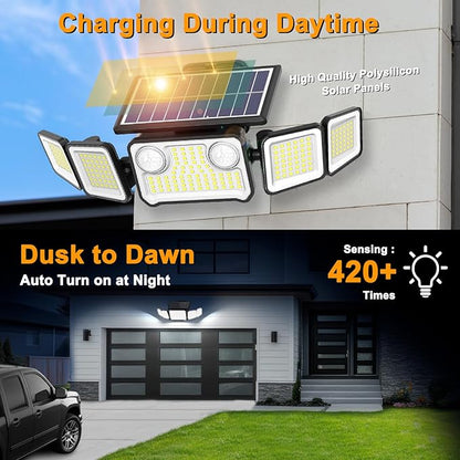 Onforu 6000LM Solar Lights Outdoor, 5 Heads Solar Security Lights with Remote Control, IP65 Waterproof Motion Sensor Lights 3 Modes Flood Lights for Wall, Porch, Yard, Outside, 2 Pack