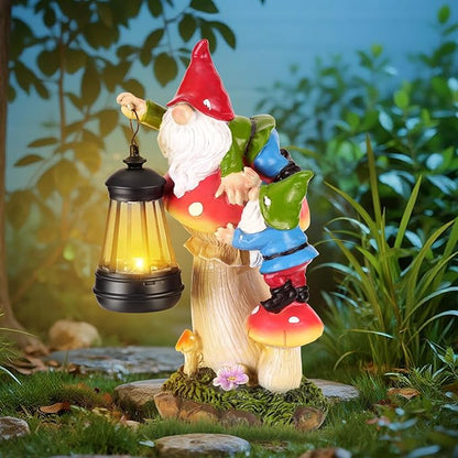 Garden Gnomes Outdoor Statues with Light, Spring Gnomes Decorations for Yard, Solar Garden Gnome Climbing on Mushroom, Lawn Ornaments for Patio, Balcony Housewarming- Unique Women Gifts