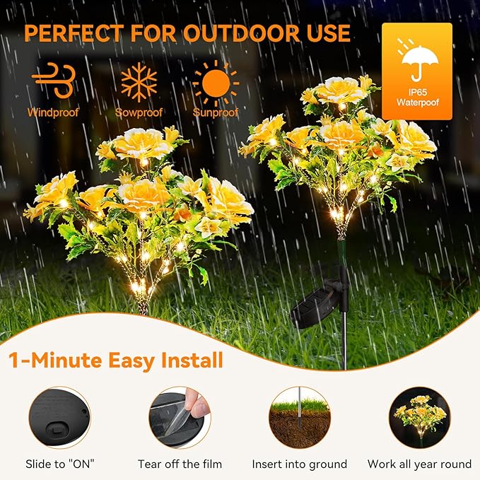 Neporal Solar Lights Outdoor Decorative, Solar Garden Lights with Carnation Flower, Solar Flower Lights Outdoor Garden Waterproof IP65 - Gardening Gifts for Women