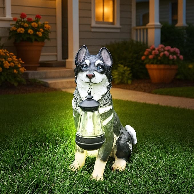 Outdoor Husky Dog Statue with Interchangeable Welcome Sign and Detachable Solar Lantern –LED Light Garden Dog Sculpture Décor, Cute Puppy Design for Yard, Porch, Gift