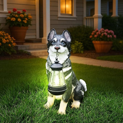 Outdoor Husky Dog Statue with Interchangeable Welcome Sign and Detachable Solar Lantern –LED Light Garden Dog Sculpture Décor, Cute Puppy Design for Yard, Porch, Gift