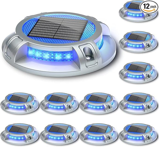 SIEDiNLAR Solar Driveway Lights Outdoor 4 Modes 40 LEDs Deck Driveway Markers Marine Dock Light Waterproof for Ground Walkway Pathway Step Garden Yard, Blue/White Dynamic Lighting (12 Pack)