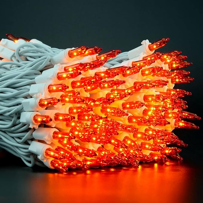 YULETIME 200 Orange Christmas Lights, Pack of 2 Sets 33 Feet 100 Count UL Certified Incandescent String Lights (Orange - White Wire)