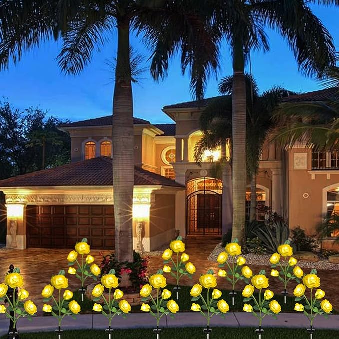 Solar Flowers Garden Lights Outdoor Waterproof [Updated] 2 Packs 10 Yellow Roses Solar Decorative Stake Lights for Patio Pathway Yard Lawn Decor