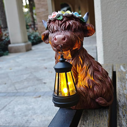 Garden Highland Cow Statue Solar Outdoor Decor with Flower Decoration，Funny Triple Highland Cow Decor Birthday Gifts for Women Mom，Highland Cows Figurine for Yard Garden Patio Lawn Ornaments