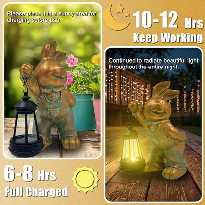 Outdoor Bunny Statue Solar Lantern for Garden Yard Lawn Patio Bronze Rabbit Figurine Decorations Housewarming for Mom Grandma Women