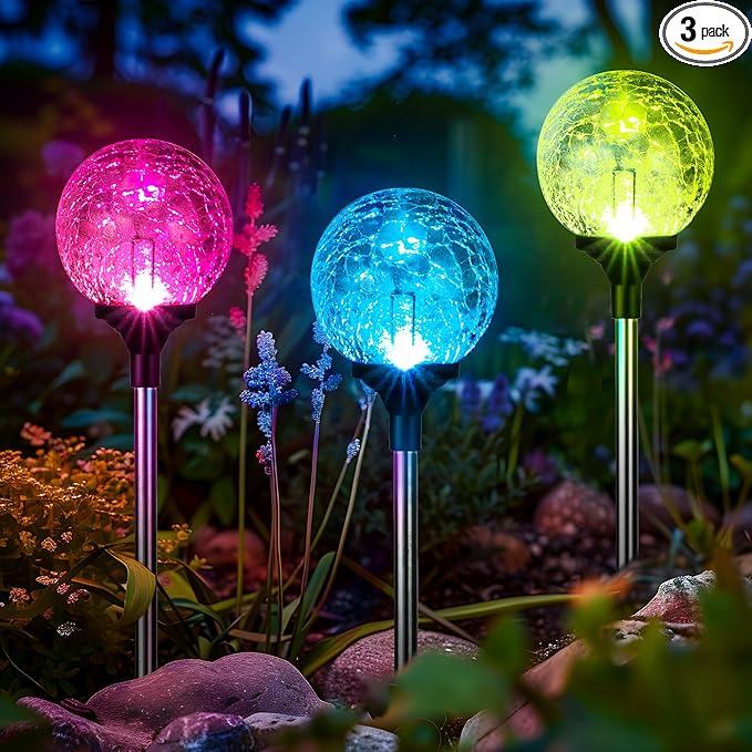 GIGALUMI Solar Garden Lights 3 Pack, Outdoor Solar Lights for Yard Decorative, Christmas Lights Outdoor Decorations Waterproof, Multi-Colored Changing Garden Globes Cracked Glass Ball with LED Lights