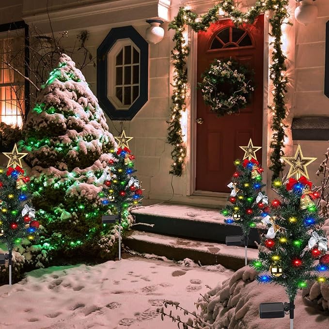 4 Pack Solar Christmas Decorations Tree Lights, Upgraded Outdoor Solar Stake Decorative Lights Xmas Tree W/20 LED-RGB Lights, IP65 Waterproof, Dual Lighting Modes,for Garden Pathway Lawn Patio