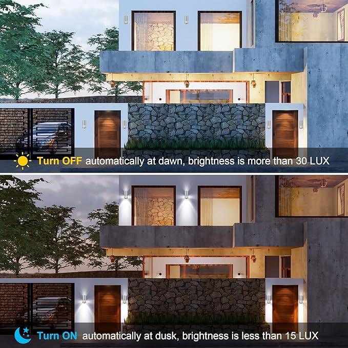 Outdoor Wall Lights, Exterior Dusk to Dawn Sensor Wall Lanterns, Stainless Steel Front Door Lights with E26 Base | Lumora