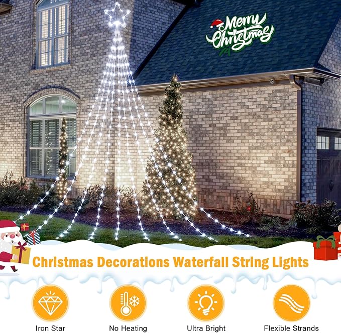 Christmas Decorations Star String Lights - 660 LED 24ft 9 Strands Waterfall Tree Lights with Topper Star, 8 Lighting Modes Indoor Outdoor Decorative Lights for Wedding Yard Party Home, Pure White